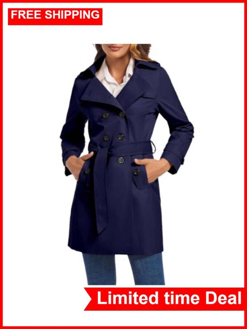 Women's Double Breasted Trench Coat Water Resistant Belted Lapel Overcoat
